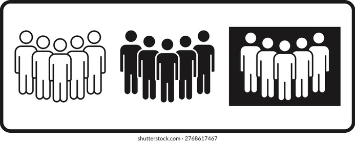 Three different representations of groups of people icons shown sidebyside on a white background