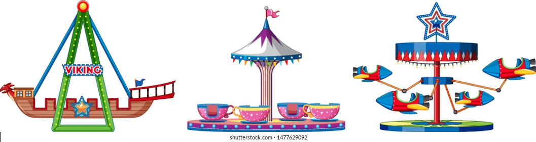 Three different rides at fun fair illustration