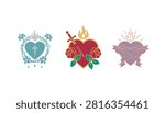 Three different sacred heart designs featuring religious symbols, roses, swords, thorns, and flames on a white background.