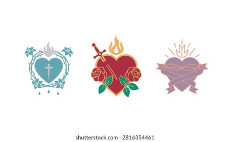 Three different sacred heart designs featuring religious symbols, roses, swords, thorns, and flames on a white background.