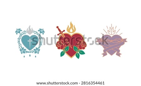 Three different sacred heart designs featuring religious symbols, roses, swords, thorns, and flames on a white background.
