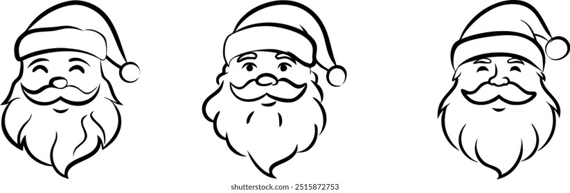 Three different santa claus with different facial hair. The first one has a mustache, the second one has a beard, and the third one has a goatee