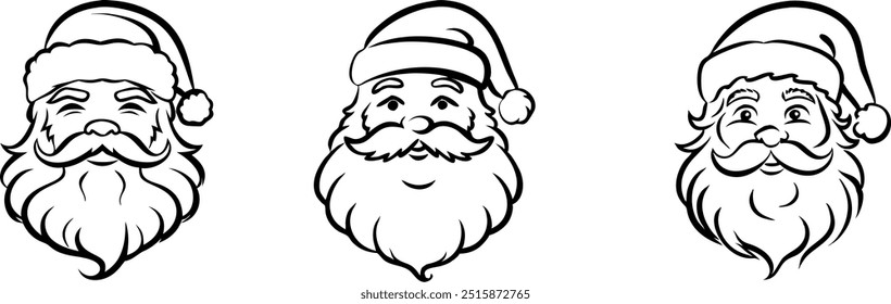 Three different santa claus with different facial expressions. The first one is smiling, the second one is looking at the camera, and the third one is looking away