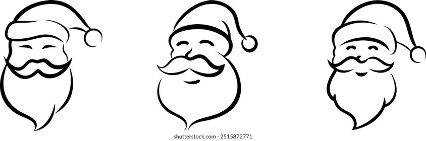 Three different santa claus with different facial hair. The first one has a mustache, the second one has a beard, and the third one has a goatee