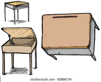 Three different school desk hand drawings over white
