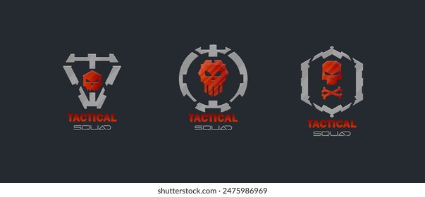 Three Different Sci Fi Futuristic Tactical Military Logo Set Skulls Red Isolated Vector Design