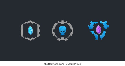 Drei verschiedene Sci Fi futuristische Tactical Squad Military Logo Elemente Rahmen Kristalle Schädel Grau Blau Grün isoliert Vektordesign