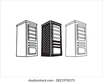 Three different server rack illustrations in minimalist line art style