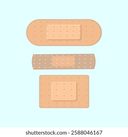 Three different shaped bandages or plasters are displayed in a column on a light blue background, medical supplies for cuts and scrapes