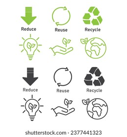 Three different sign Reduce, reuse, recycle and three symbols of green energy.