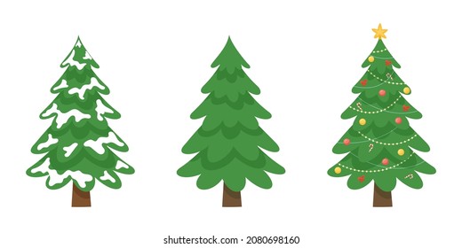 Three different situations of cartoon christmas tree. Fir-tree snow covered, decorated and unadorned. Vector flat illustration