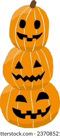 Three different sized Halloween pumpkins stacked vertically