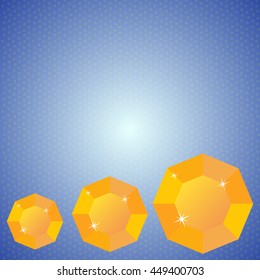 Three different sizes, arranged in order of ascending octagonal minimalistic shiny orange amber bottom blue retro background.