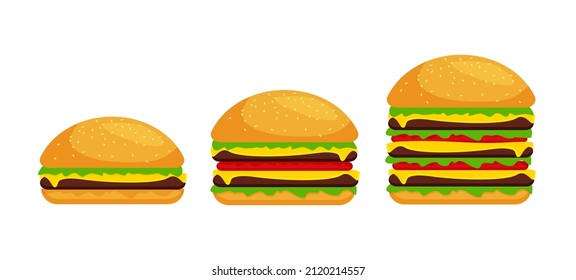 Drei verschiedene Größen von Burgern. Klassischer Hamburger zu sehr großem Hamburger. Vektorgrafik einzeln auf weißem Hintergrund.