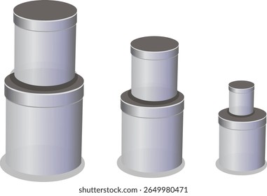 Three different sizes of cylindrical boxes stacked.