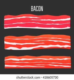 Three different sliced bacon. Vector illustration meat.