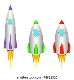 Three different space rockets on a white background.