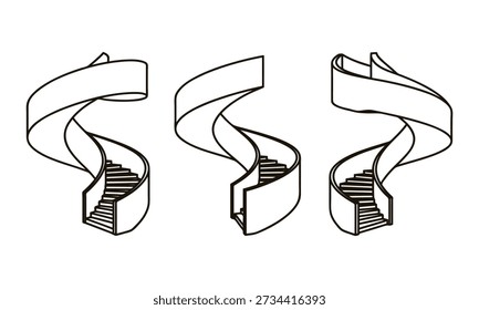 Three different spiral staircase designs with ribbonlike railings architectural elements