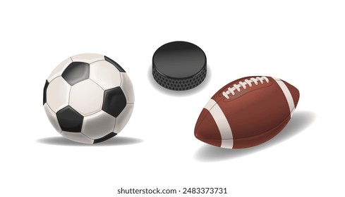 Three Different Sport Balls Including Soccer Ball, Football And Hockey Puck Isolated On White Background, Realistic 3d