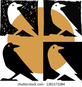 Three different squares with the cut silhouette of the crow and shape of the crow.