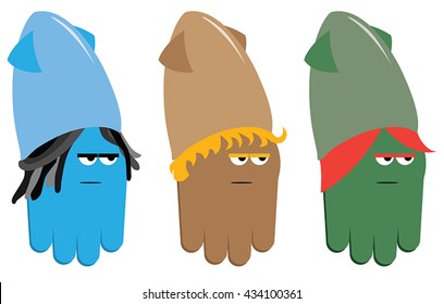 Three different squid cartoon characters