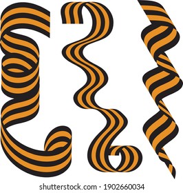 three different St. George ribbons, ribbons with two colors, black and orange, five stripes on the ribbon