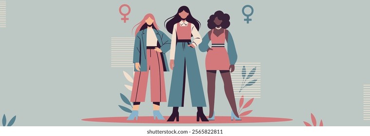 Three different strong women standing together on floral background with space for text. Stylized vector banner, greeting card for women's day, feminism day, equality and empowerment day