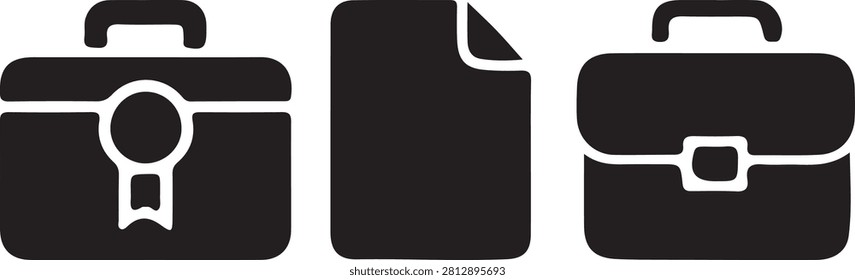 Three different style briefcase icons with document symbol in between