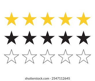 Three different style Five stars customer product rating review flat icon for apps and websites