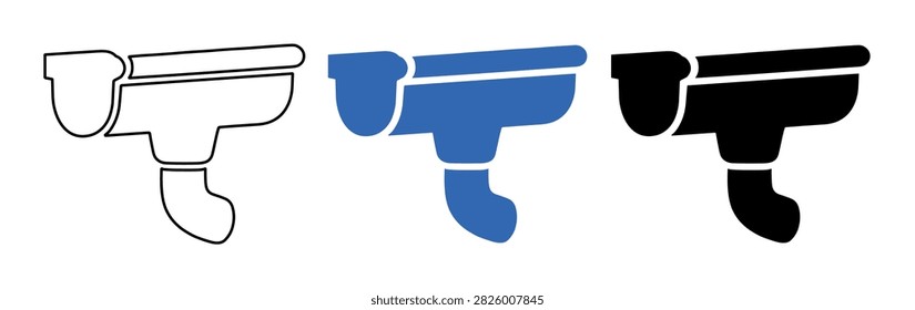 Three different style gutter and downspout icons are displayed in a horizontal row on a clean white background