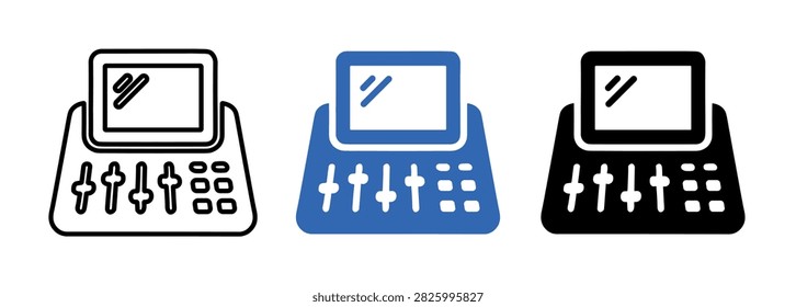 Three different style icons of a sound mixer or audio console with faders and a screen on a white background