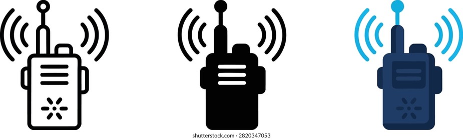 Three different style walkie talkie icons with wireless signal waves