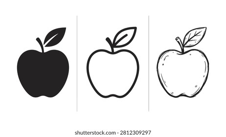 Three different styles of apple icons including a solid silhouette outline and handdrawn sketch