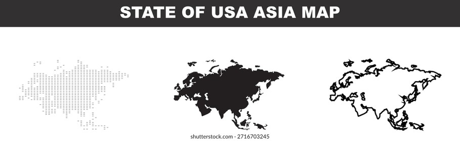 Três estilos diferentes de mapas do continente asiático no fundo branco para geografia e conceitos de viagem mapa do estado da Ásia dos EUA
