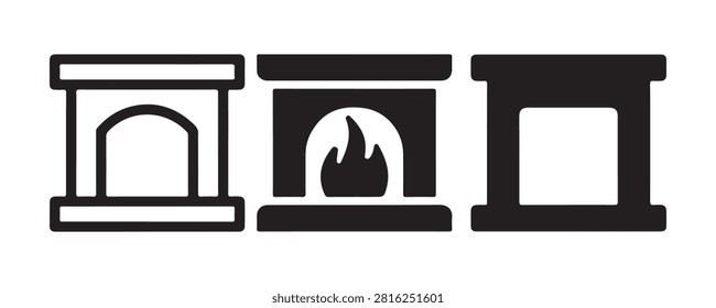 Three different styles of fireplaces, including a simple outline, a solid fill, and a solid fill with flame.