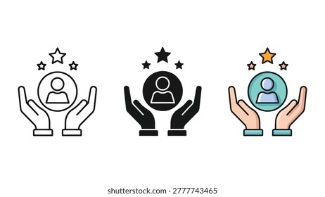 Three different styles of icons depict hands gently holding a person silhouette above which are stars. The icons represent customer care, user support, or client appreciation.