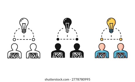 Three different styles of icons depicting teamwork and idea generation. Each icon shows two figures connected to a light bulb, symbolizing shared ideas and collaboration.