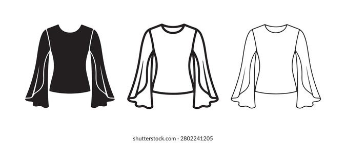 Three different styles of longsleeved blouses with bellshaped sleeves in black and white illustrations isolated on white background