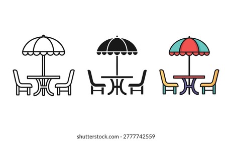 Three different styles of outdoor tables with chairs and umbrellas are depicted. Includes line art, solid black, and colored versions.