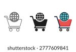 Three different styles of a shopping cart icon combined with a globe symbol, representing online shopping or global commerce.