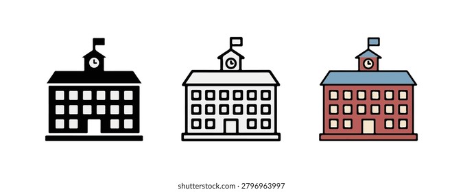 Three different stylized illustrations of a building featuring a clock tower and a flag on the roof presented in black silhouette outline and colored vector art styles for diverse design applications