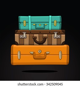 Three different suitcase on a black background. Vector illustration drawn by hand.