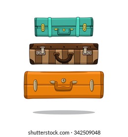 Three different suitcases hanging in the air on a white background. Vector illustration drawn by hand.