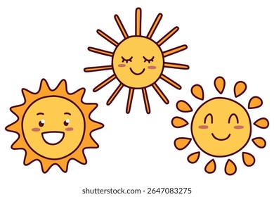 Três faces de sol diferentes com formas de raio e expressões únicas, incluindo sorrindo e sonolento, mão desenhada em fundo branco