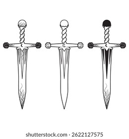 Three different swords, line art, vector art, white background