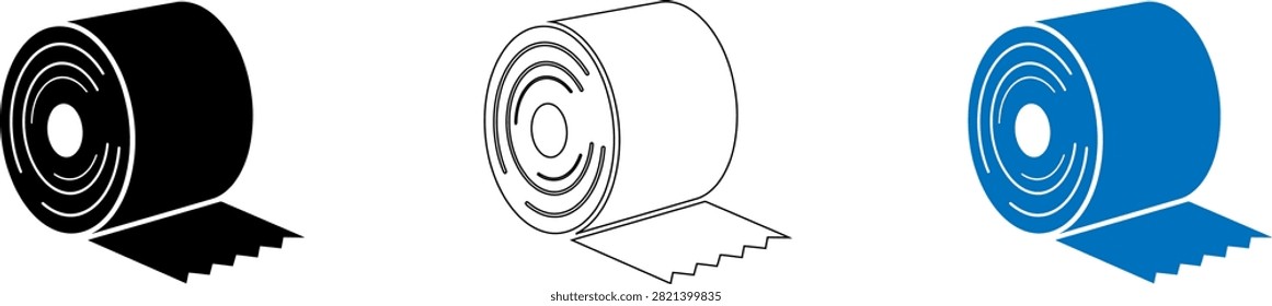 Three different tape rolls illustration in black and white and blue isolated on transparent background, Vector
