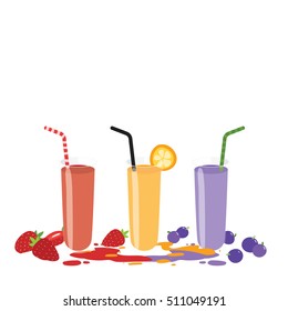 Three different taste fruit juices isolated on white background.
Strawberry, orange and blueberry juices with fruits arranged on the bottom of the glasses. 
Isolated on white.
Big copy space on top.