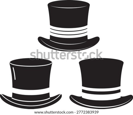 Three different top hat icons in black silhouette, formal wear accessory.