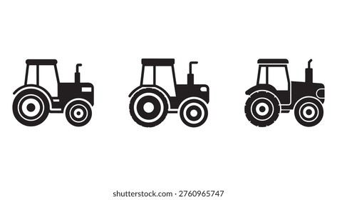Three different tractor silhouettes in various angles for agricultural or farming concepts tractors are shown in profile views