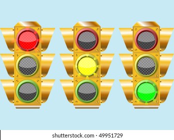 three different traffic lights, abstract composition over sky color background; vector art illustration